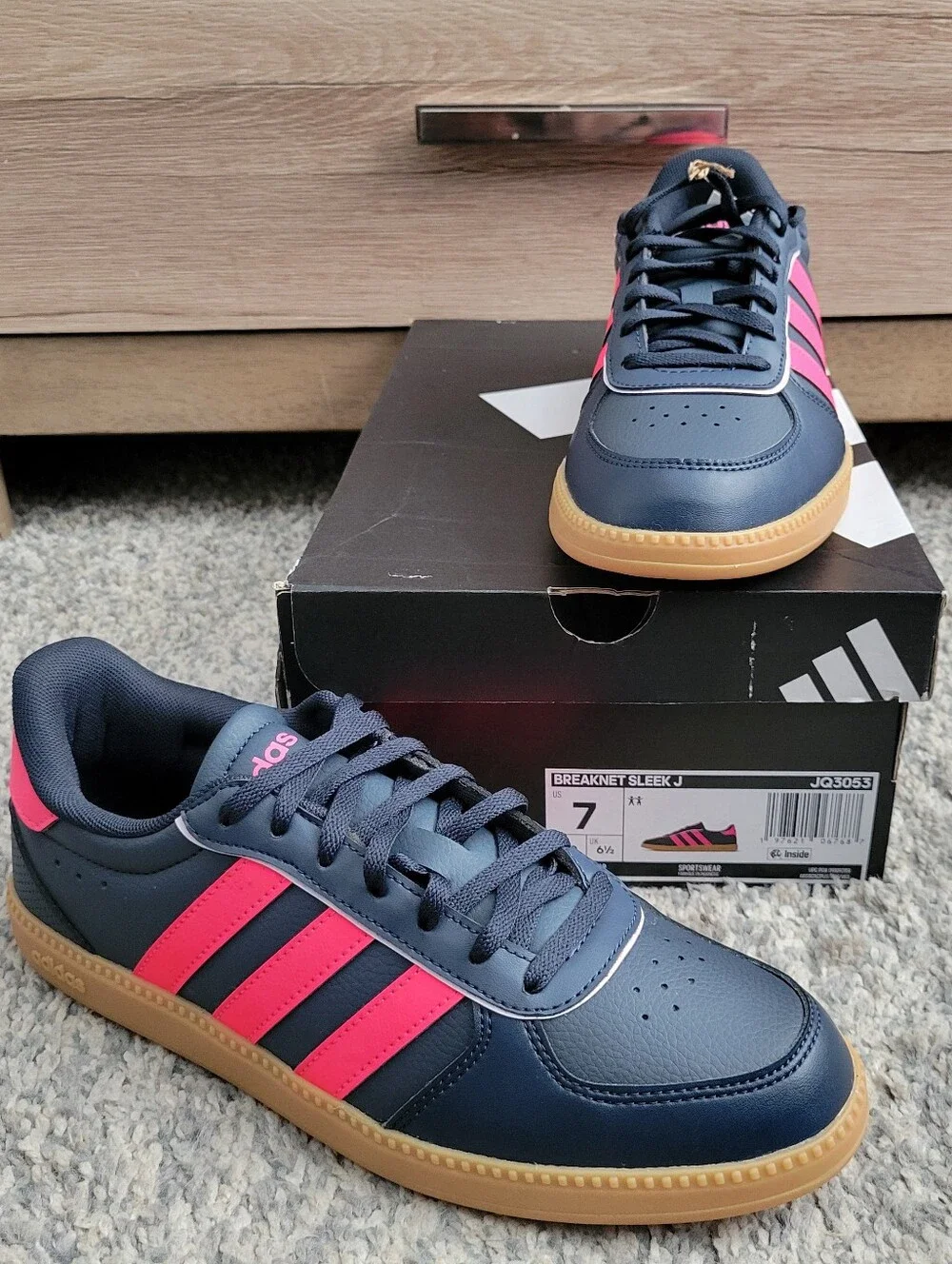 Adidas Navy Blue Sneakers with Pink Stripes and Gum Sole Size:7